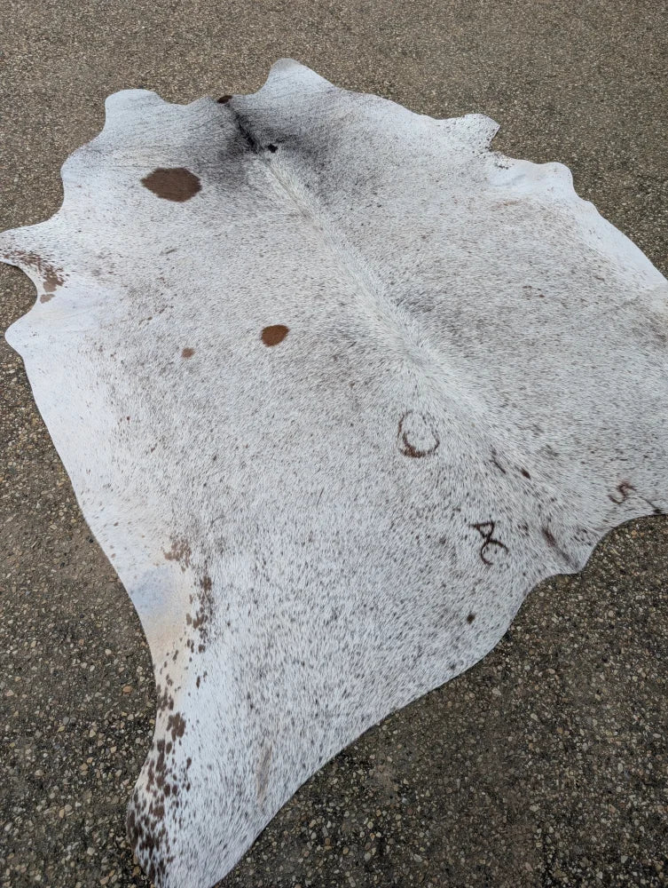 Hello14 large cowhide rug 89x79 extra large white and gray speckled with natural irregular edges and unique characteristics