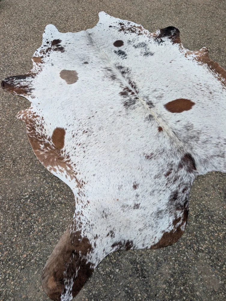 Hello 15 large cowhide rug with white base and brown patches showcasing unique characteristics and beautiful rugs style