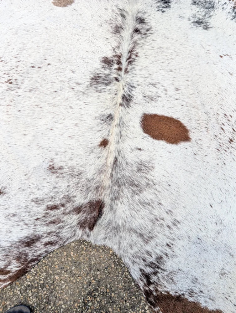 Hello#15 large cowhide rug in white and brown with natural fur texture and unique characteristics for beautiful rugs