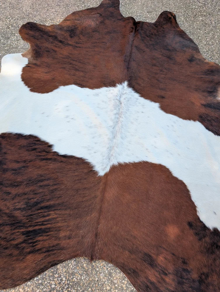 Hello#2 large cowhide rug 88 x 78 inches with brown and white natural fur texture and rustic charm