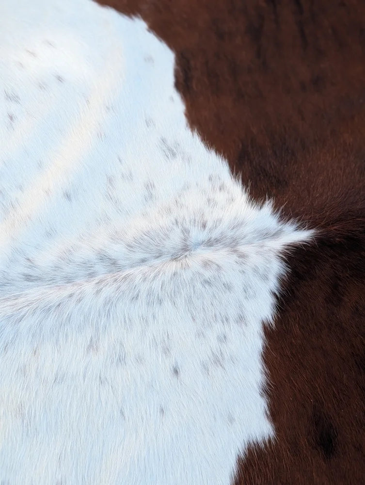 Hello2 88 x 78 large brown and white cowhide rug with natural fur texture and unique characteristics for rustic charm