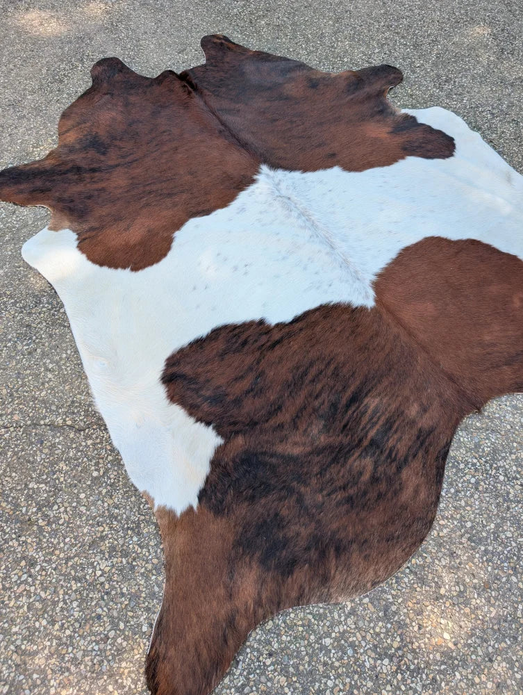 Hello2 large cowhide rug with brown and white natural fur texture showing unique characteristics and rustic charm