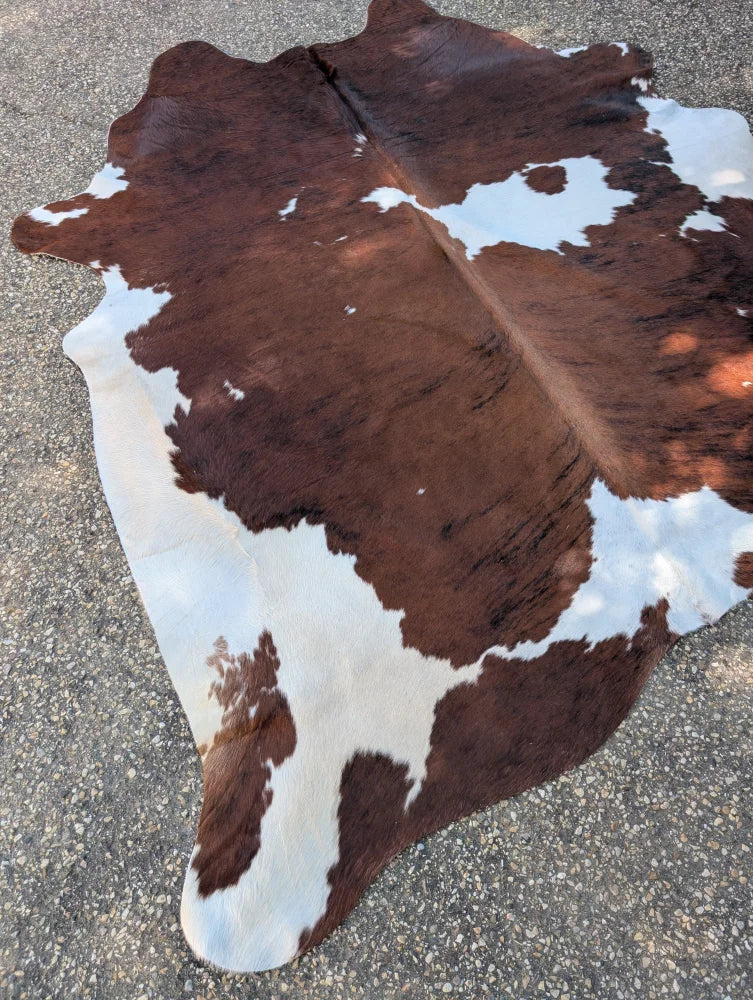Hello3 large cowhide rug 88 x 78 with brown and white natural patches showing unique rustic charm