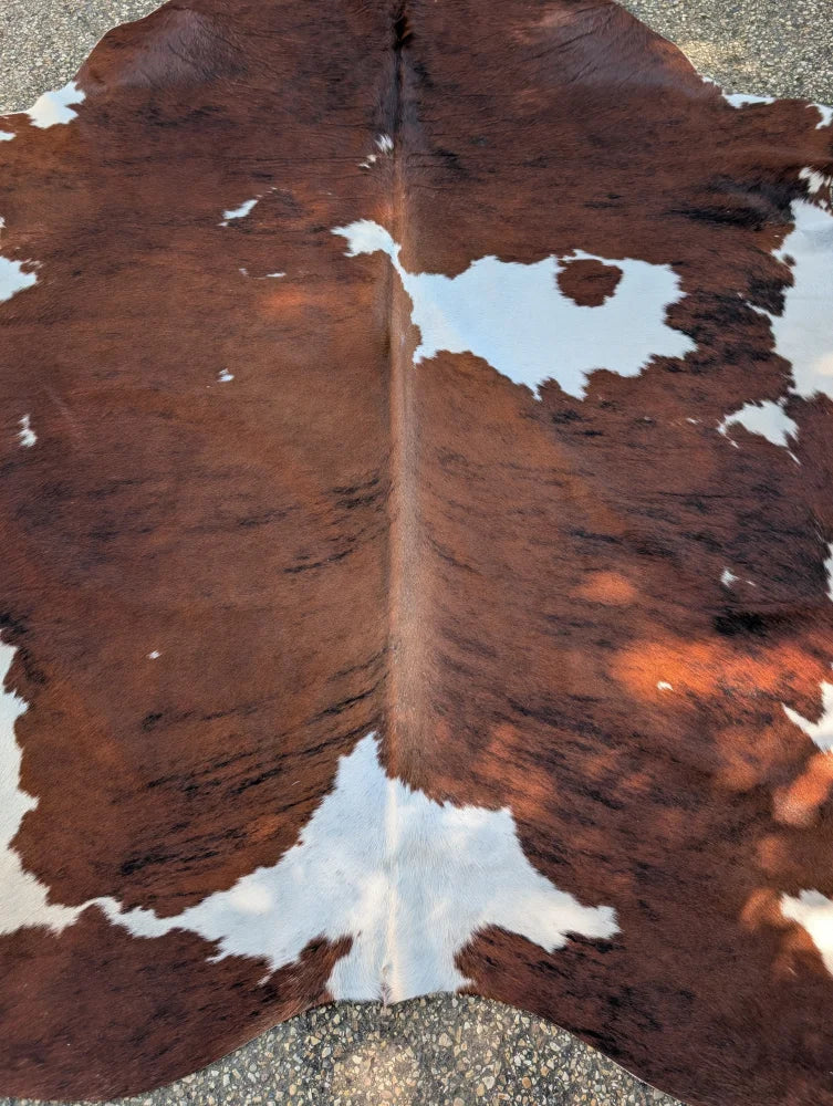 Hello3 large cowhide rug 88 x 78 with brown and white natural patches and unique characteristics for rustic charm