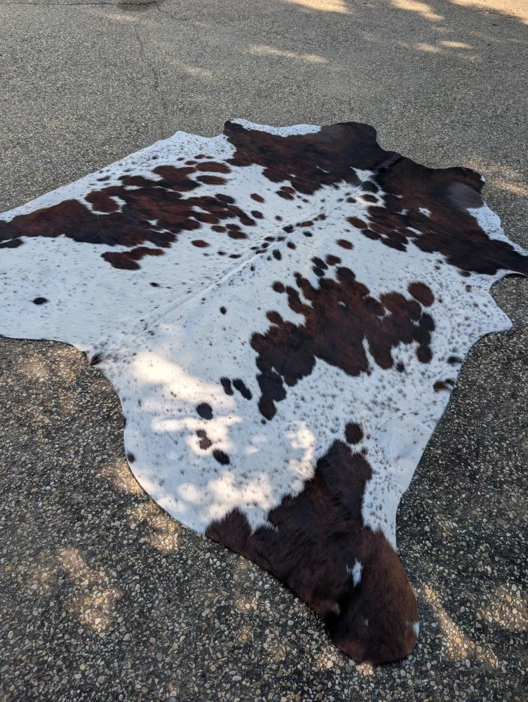 Large brown and white cowhide rug with unique dark brown patches and rustic charm sized 87 x 79 inches