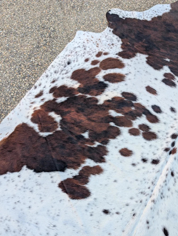 Hello4 large cowhide rug 87x79 with white and brown spots and unique rustic charm pattern