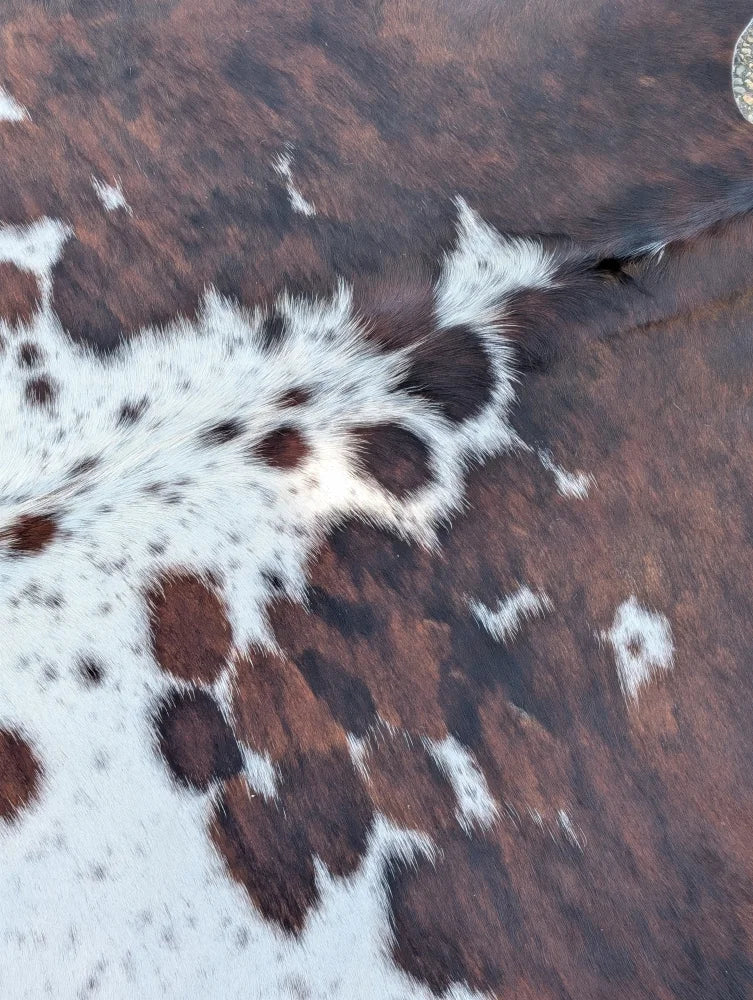 Hello4 large cowhide rug 87 x 79 inches with brown and white spots and natural textured surface for rustic charm