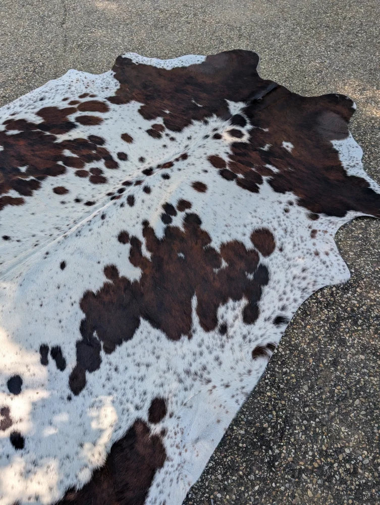 Hello#4 87 x 79 large cowhide rug with soft fur texture and unique white and dark brown spotted rustic charm