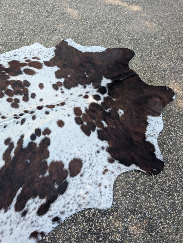 Hello4 87 x 79 large cowhide rug with brown and white spotted natural fur texture adds rustic charm and unique characteristics