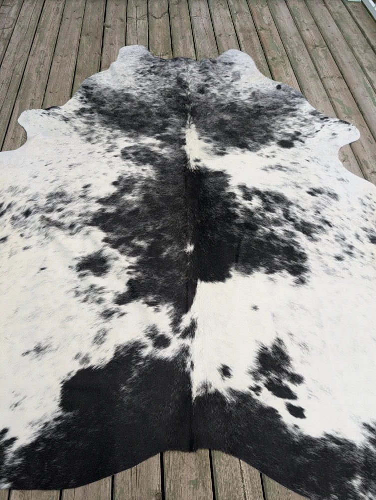 Hello6 93 x 82 large cowhide rug with black and white natural irregular pattern and unique characteristics beautiful rugs