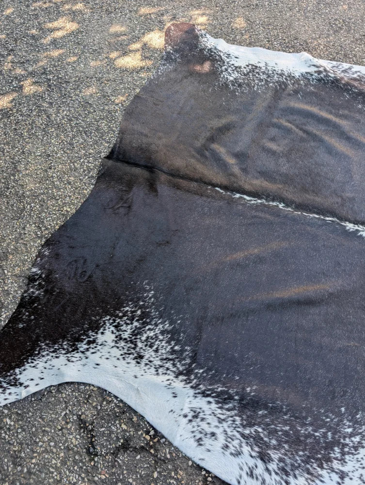 Large black and white spotted cowhide rug with unique characteristics and rustic charm featuring a natural edge