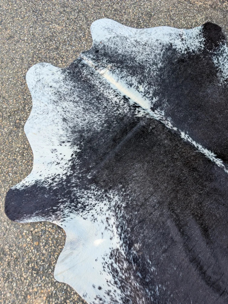 Black and white large cowhide rug with natural irregular edges showcasing unique characteristics and rustic charm