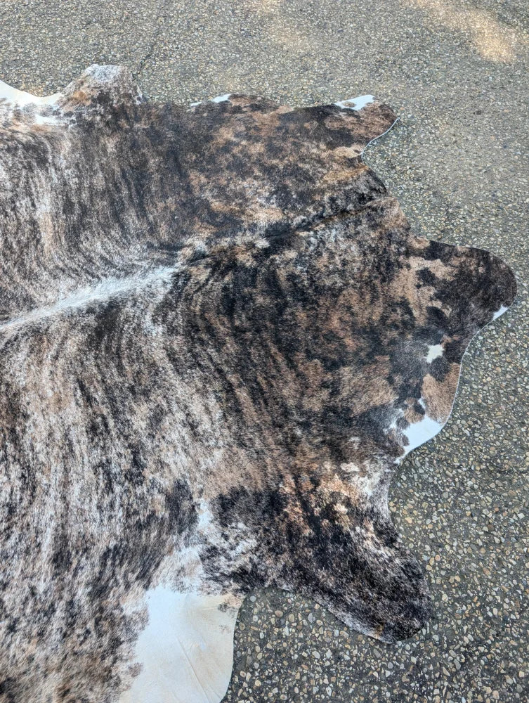Hellow5 88 x 81 large cowhide rug with unique characteristics and rustic charm in black brown and white fur pattern