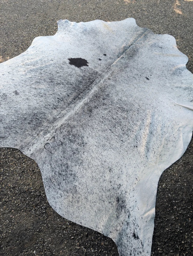 Large gray and white cowhide rug with unique characteristics and rustic charm featuring a natural irregular edge