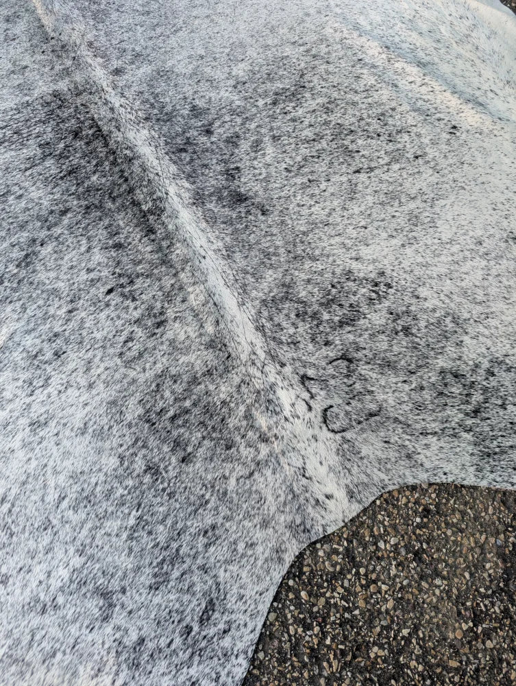 A large cowhide rug with textured gray and white speckled hide showing unique characteristics and rustic charm