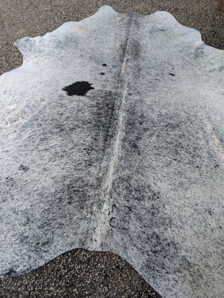 Hellow#7 85 x 78 large cowhide rug in gray and black speckled with natural fur texture and unique rustic charm