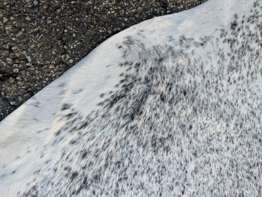 Hellow#8 large cowhide rug with white base and speckled black pattern adds rustic charm and unique characteristics
