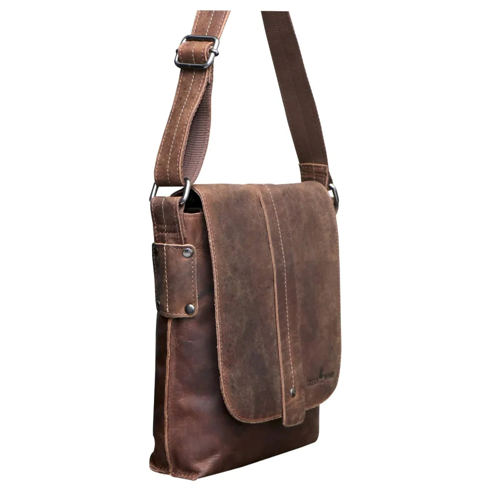 Henrik shoulder bag with two-part main compartment, brown leather textured finish