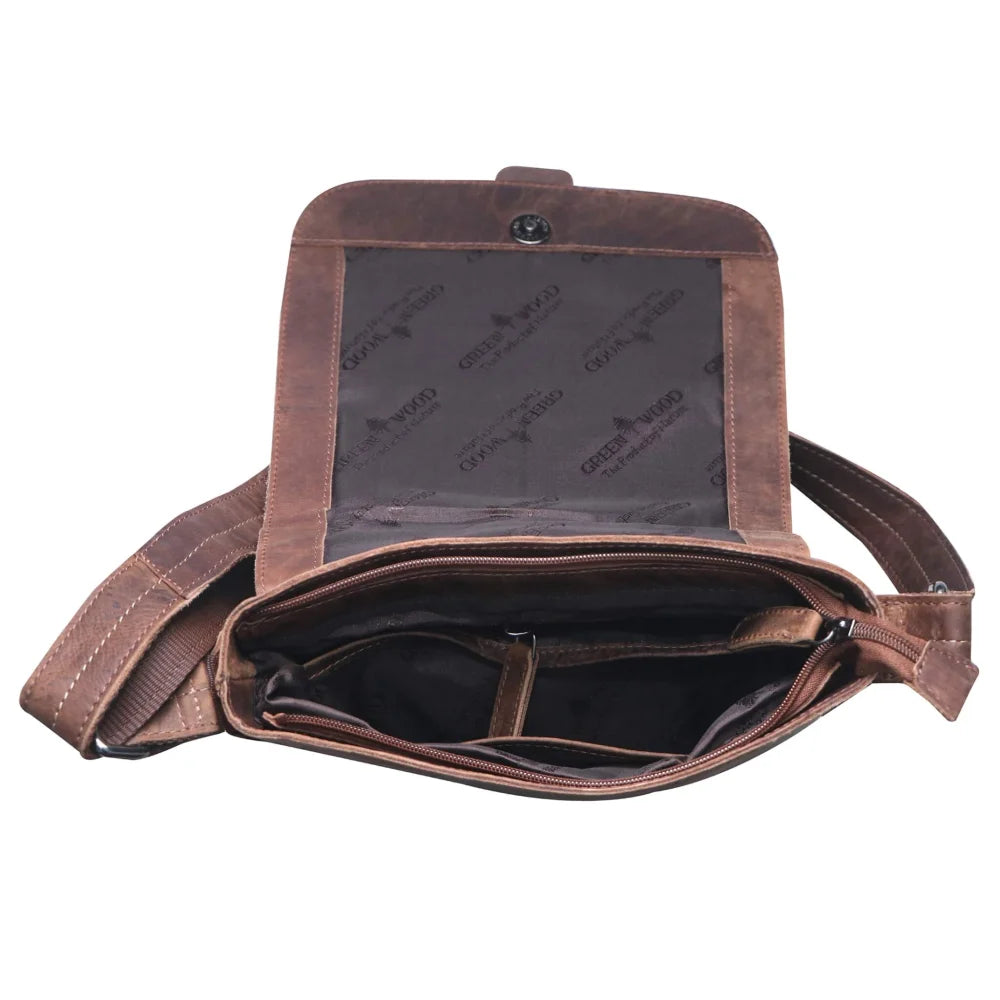 Brown leather Henrik shoulder bag with zippered two-part main compartment