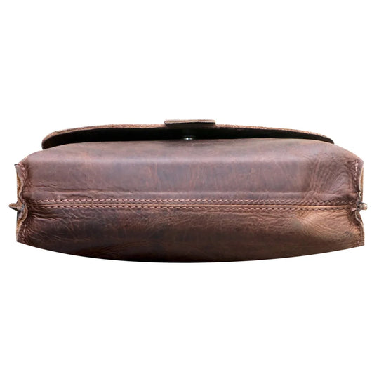 Brown leather Henrik shoulder bag with flap, stitching, two-part compartment