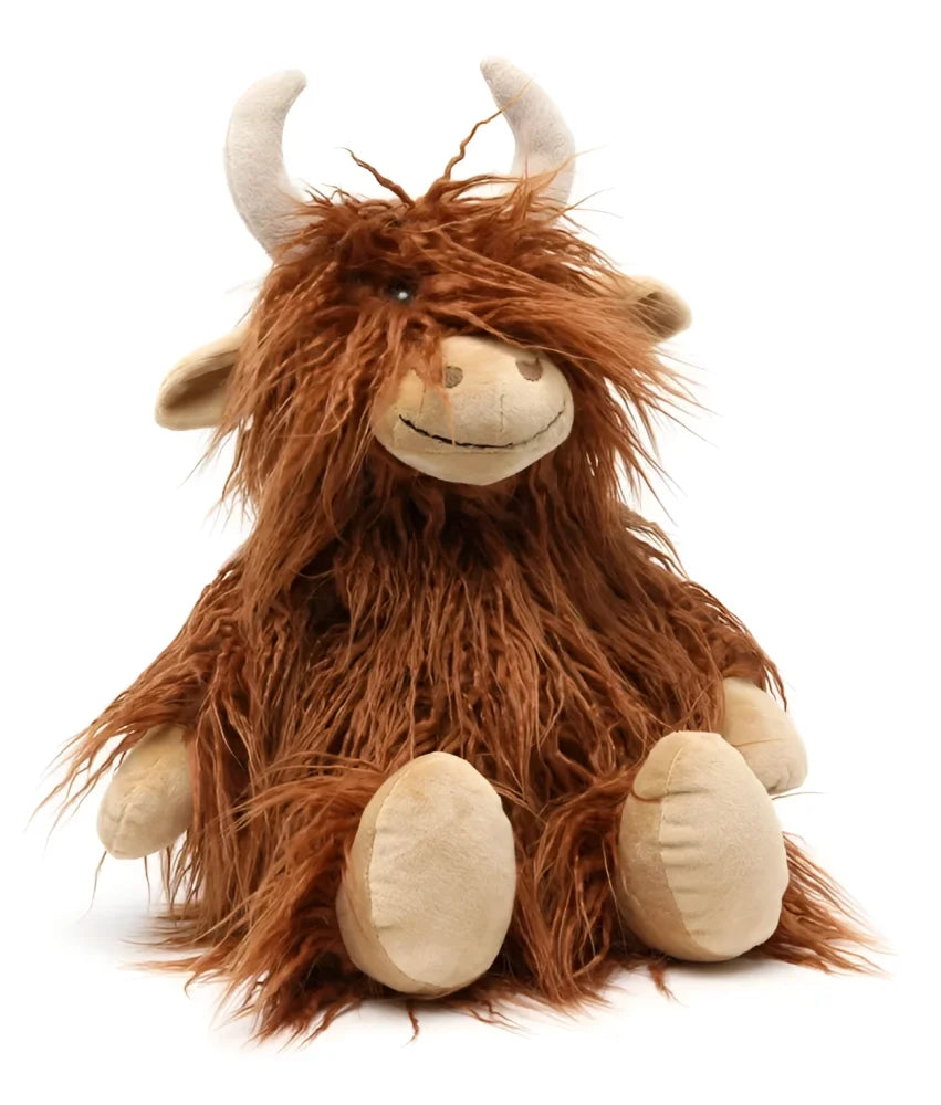 A plush highland cow toy named henry with long shaggy brown fur and white horns perfect for cuddling