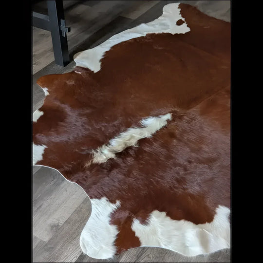 Hereford#108 extra large cowhide rug with brown and white patches, natural leather texture