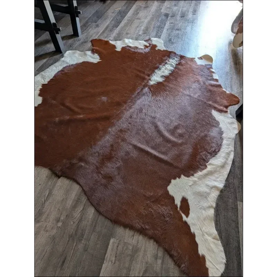 Hereford#108 extra large cowhide rug with brown white patches