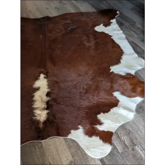 Hereford#108 extra large 90.5’’ x 84’’ cowhide rug with brown and white patches