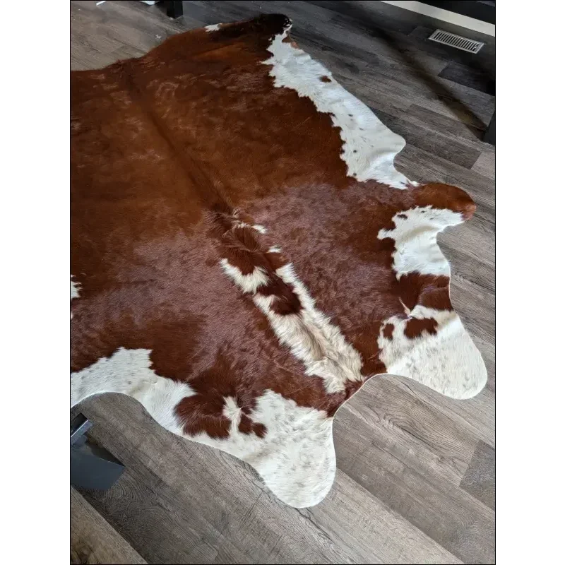 Extra large Hereford#109 cowhide rug with brown white patches, soft underfoot