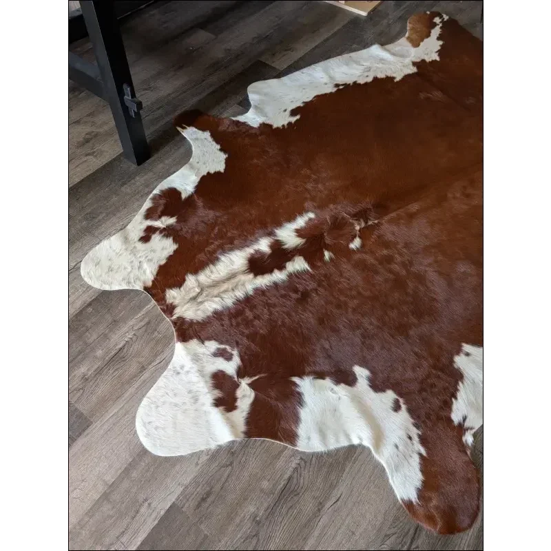 Hereford#109 extra large cowhide rug with brown white patches, soft underfoot