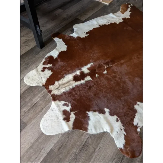 Hereford#109 extra large cowhide rug with brown white patches, soft underfoot