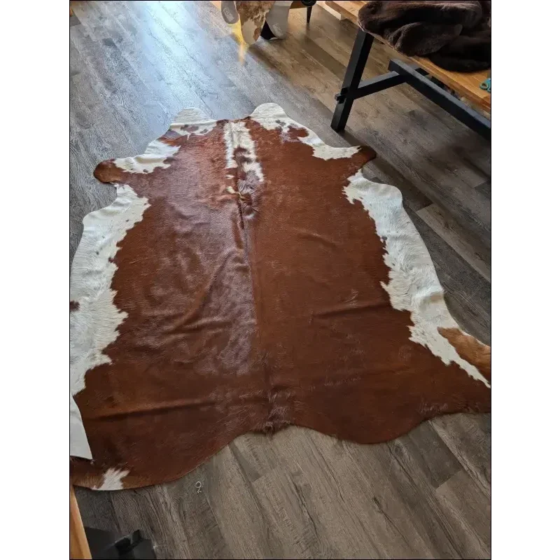 Extra large cowhide rug Hereford#109 with brown white patches soft underfoot