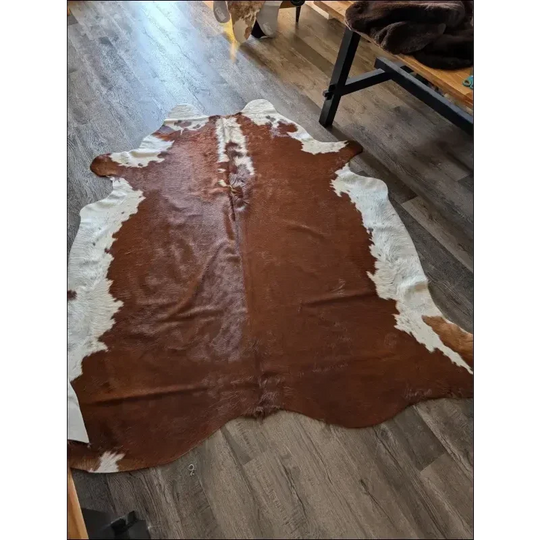 Extra large cowhide rug Hereford#109 with brown white patches soft underfoot
