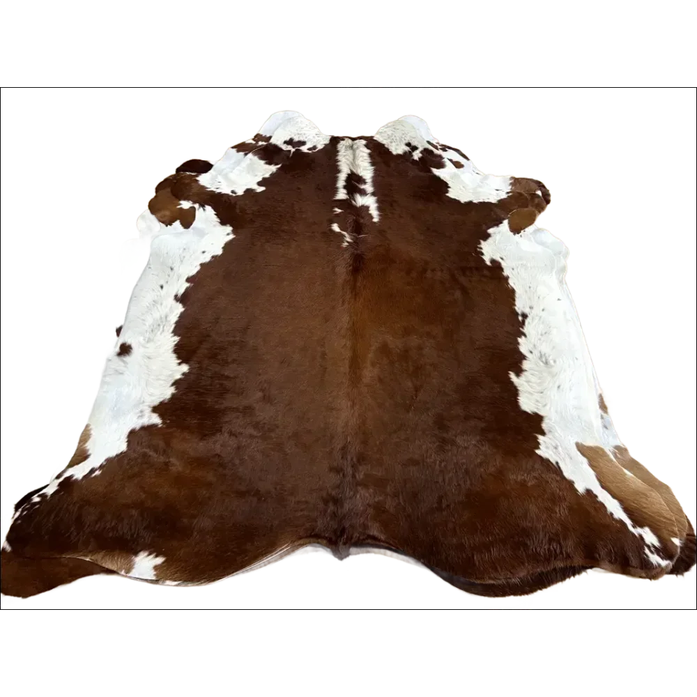 Hereford#109 extra large cowhide rug, brown white patches, soft underfoot