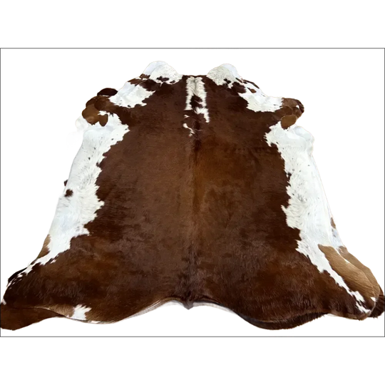 Hereford#109 extra large cowhide rug, brown white patches, soft underfoot