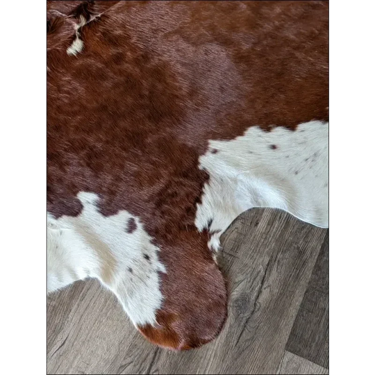 Hereford#109 extra large cowhide rug with brown white patches soft underfoot