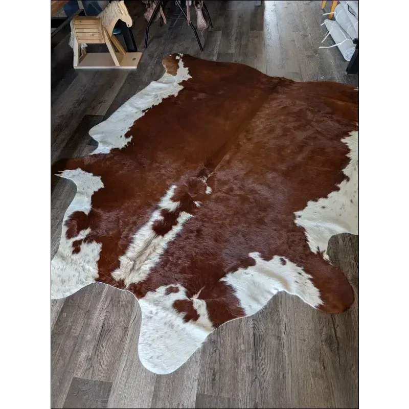 Extra large Hereford#109 cowhide rug with brown white patches, soft underfoot