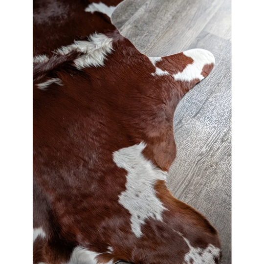 Extra large Hereford cowhide rug with soft brown white patches