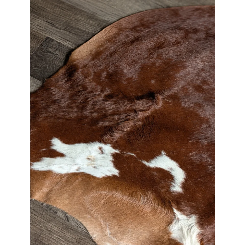 Extra large Hereford cowhide rug with brown white patches, soft underfoot