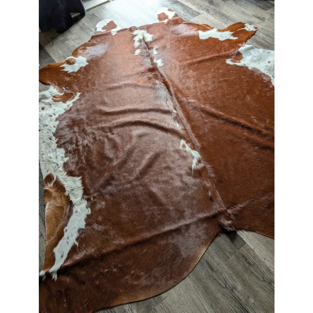 Extra large Hereford#198 cowhide rug with brown white patches soft underfoot