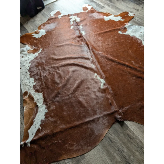 Extra large Hereford#198 cowhide rug with brown white patches soft underfoot