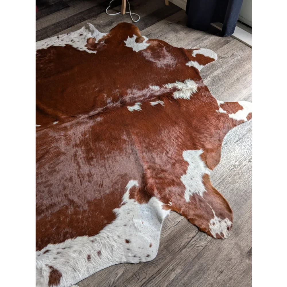 Hereford#198 extra large cowhide rug, 91x83 brown white patches, soft underfoot