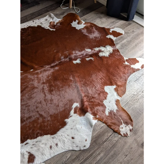 Hereford#198 extra large cowhide rug, 91x83 brown white patches, soft underfoot