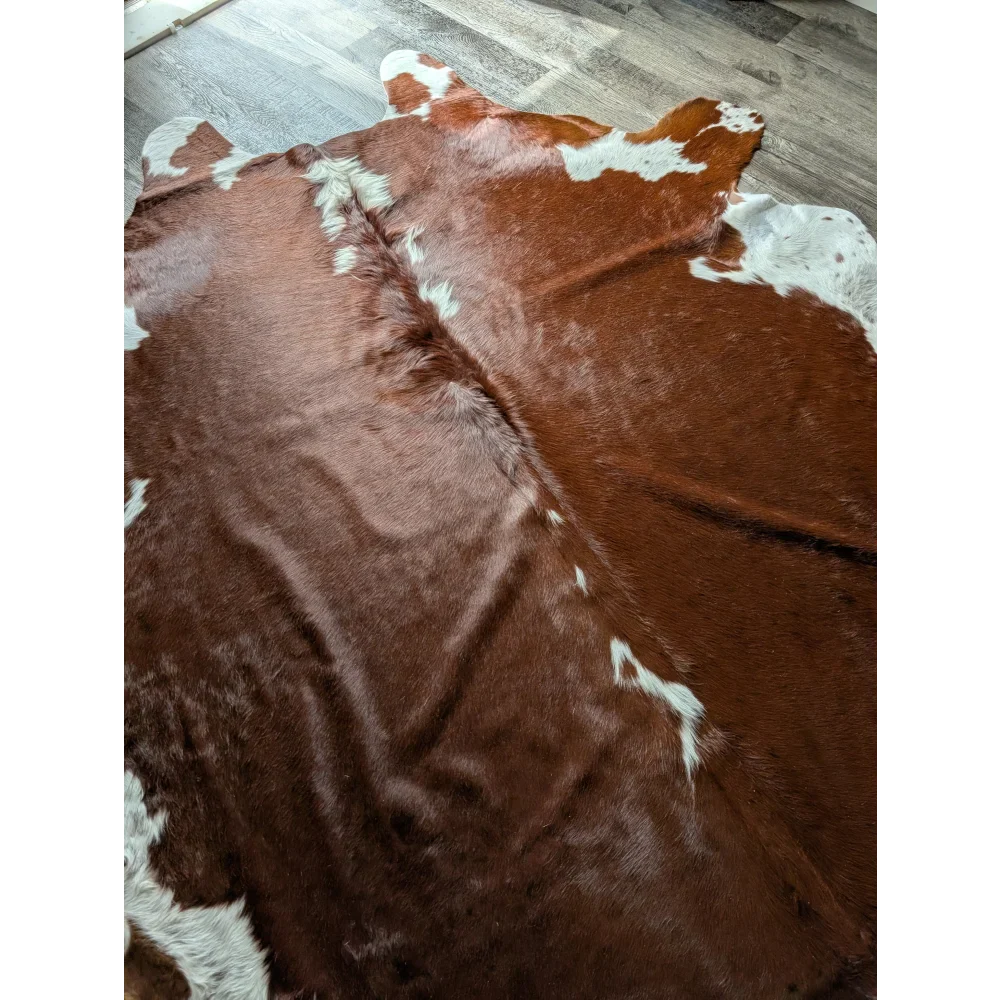 Extra large Hereford#198 cowhide rug with brown white patches, soft underfoot