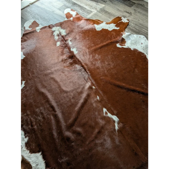 Extra large Hereford#198 cowhide rug with brown white patches, soft underfoot