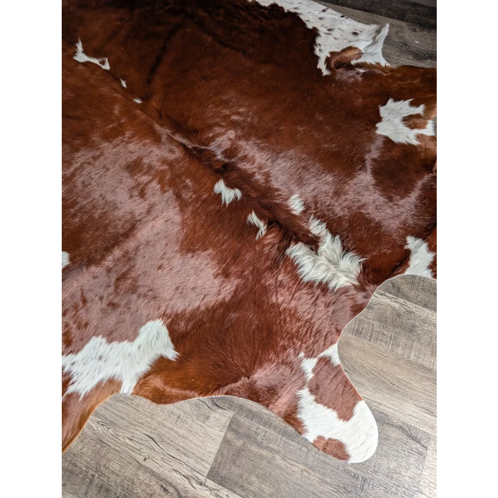 Lovely Hereford#198 extra large cowhide rug, brown white patches, soft underfoot