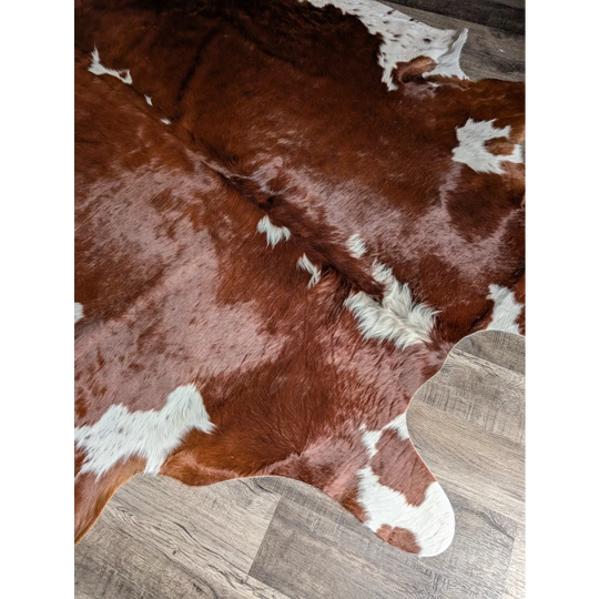Lovely Hereford#198 extra large cowhide rug, brown white patches, soft underfoot