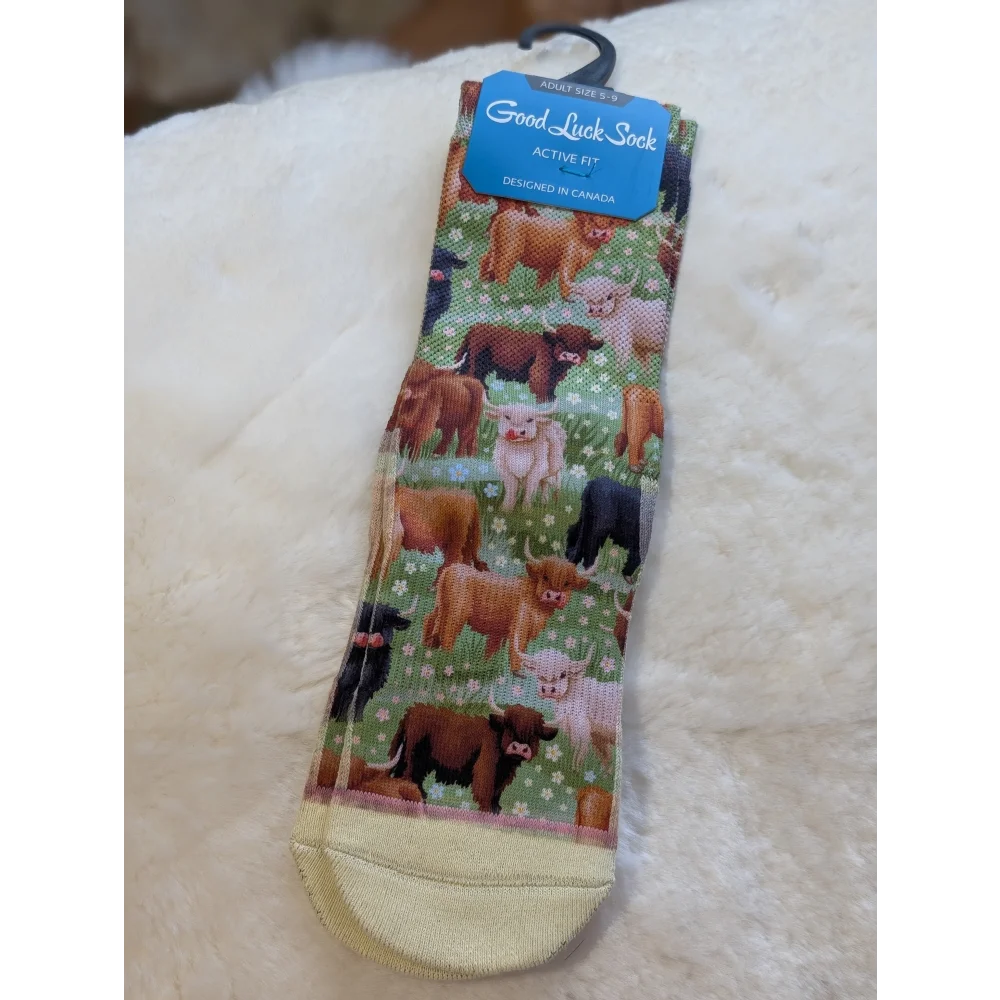 Cozy green Good Luck Socks with cow and sheep design, cotton blend