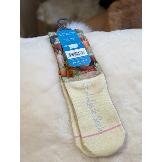 Highland Cow Quicksilver Socks by Good Luck Socks, floral pink, size 9-10.5