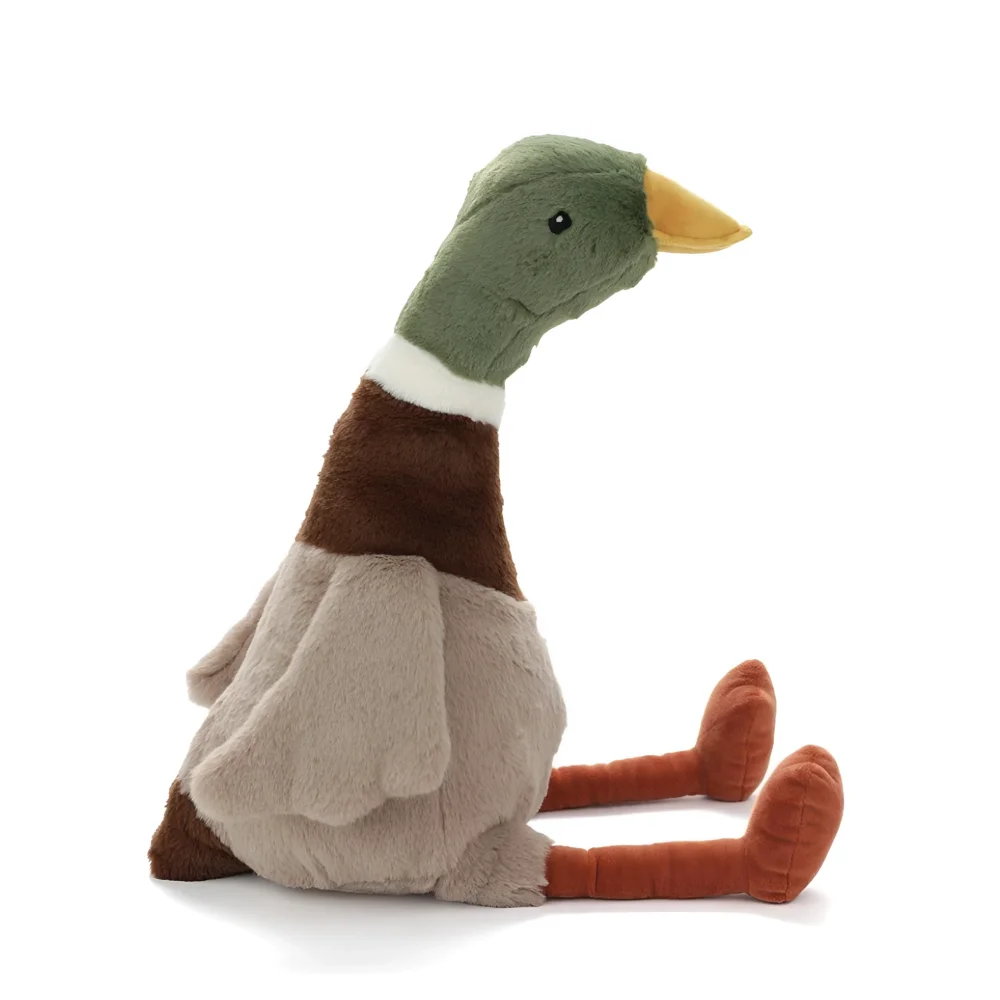 Hugo the mallard duck plush toy by angus oliver canada with green head brown body white neck ring and orange feet